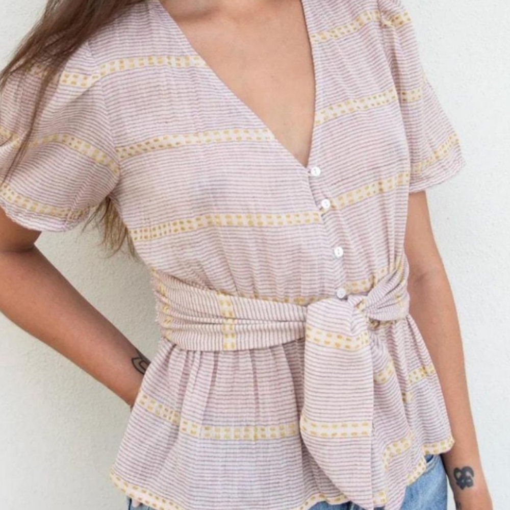 Maisie Striped Cotton V Neck Waist Tie Short Sleeve Top Size XS Boho Beachy,NWT